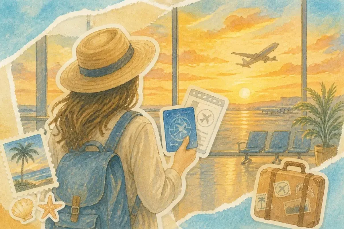 夕暮れの空港ロビーで、マイルカードとスタンプ柄の搭乗券を手に持つ後ろ姿の旅人の手描き風イラスト