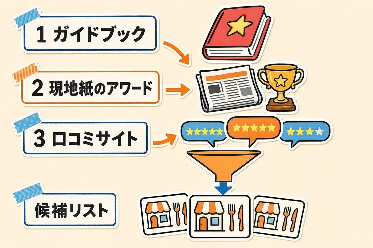 ガイドブック、現地紙のアワード、口コミサイトの順に候補を集めて店カードにまとめる流れ