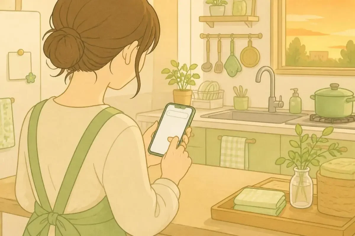 夕方のキッチンでスマホに短い言葉を打ち込む手元