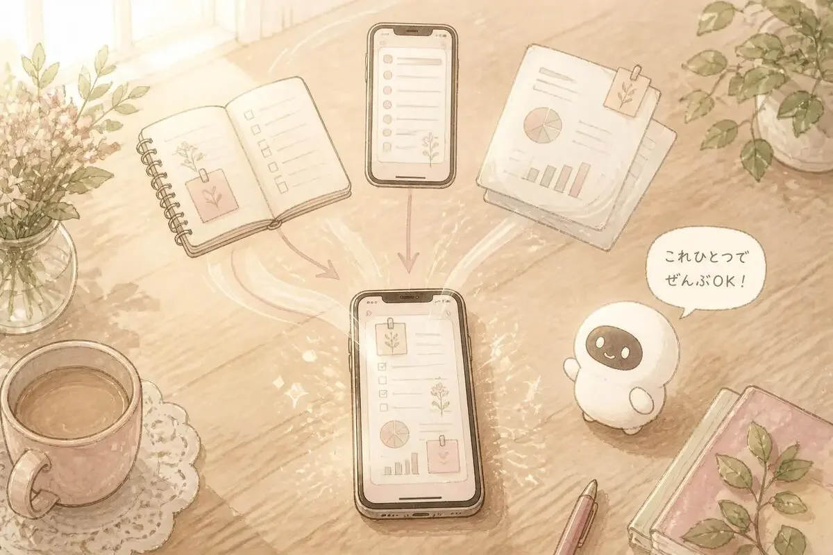 ノートとスマホが1つの画面にまとまっていくイメージ