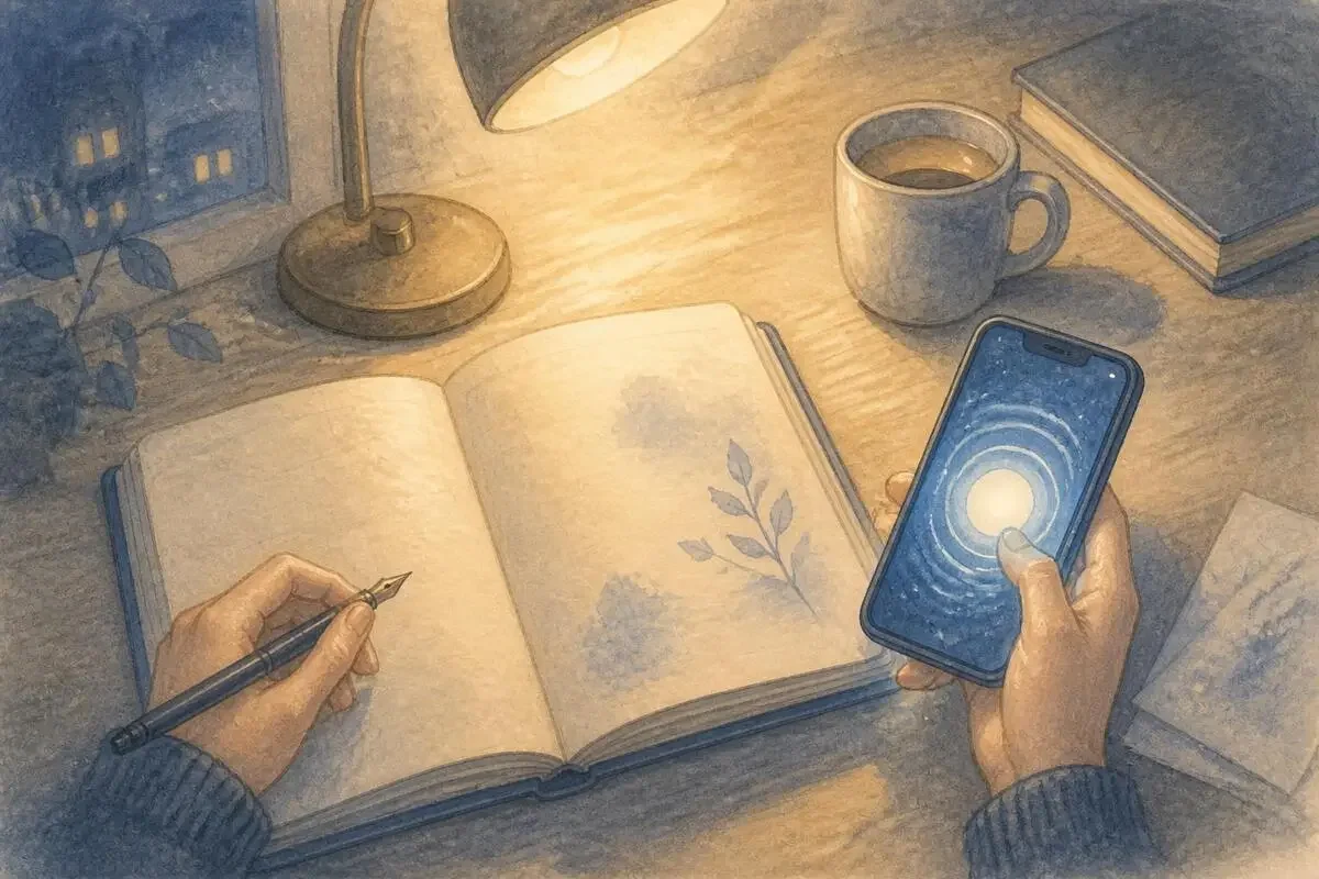 夜の机に開いた手帳とスマホが置かれ、スマホに着信が届いている手描きイラスト