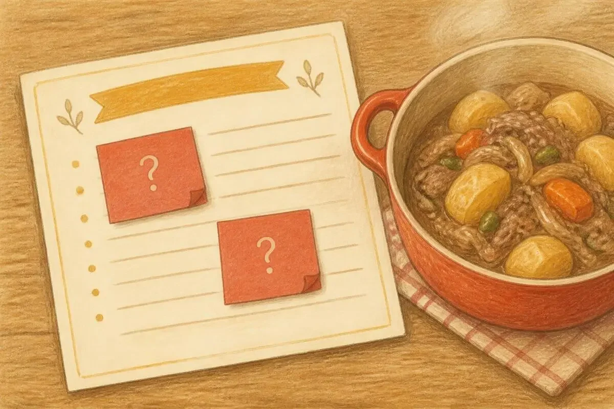 「少々」と「適量」の行に付箋が貼られた手書きのレシピカードと、煮物の鍋の色鉛筆イラスト