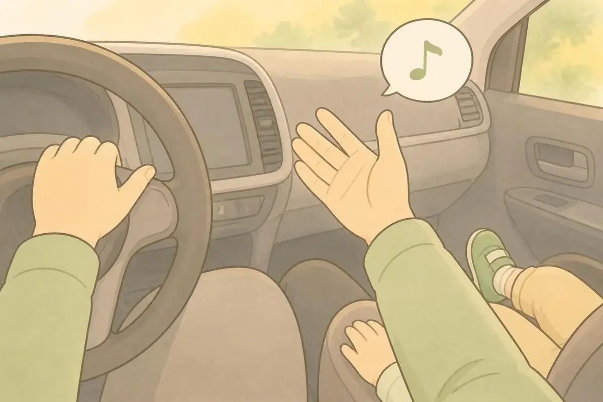 送迎の車の中で助手席の子どもと話す親の手元