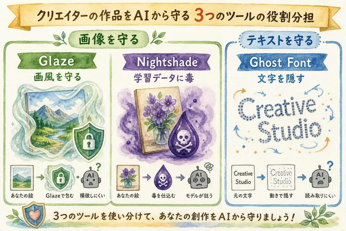 Glaze・Nightshade・Ghost Fontの守る対象の違いを示す役割マップ