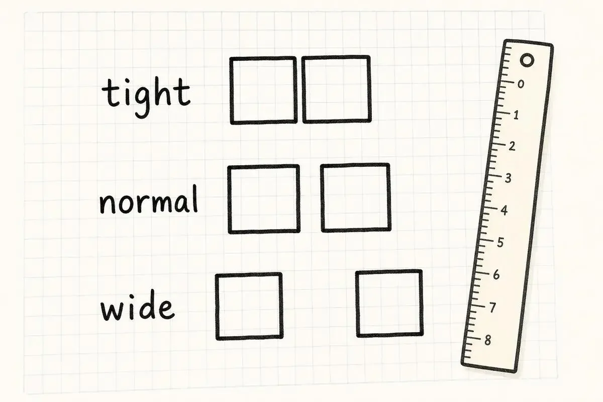 方眼紙の上で、2つの箱の間隔をtight、normal、wideの3段階で並べて比べた手描きの図解。脇に定規が置かれている