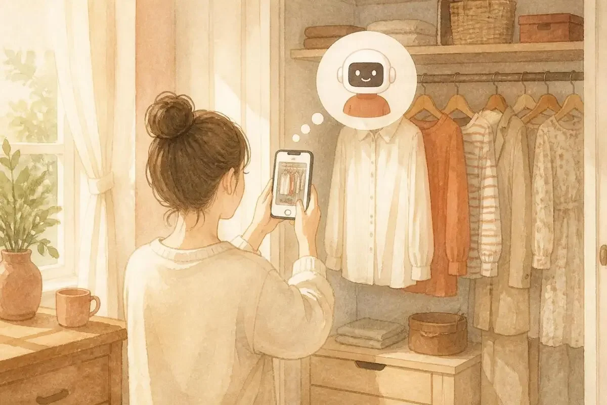 手持ちの服をスマホで撮ってAIに相談する朝のイメージ