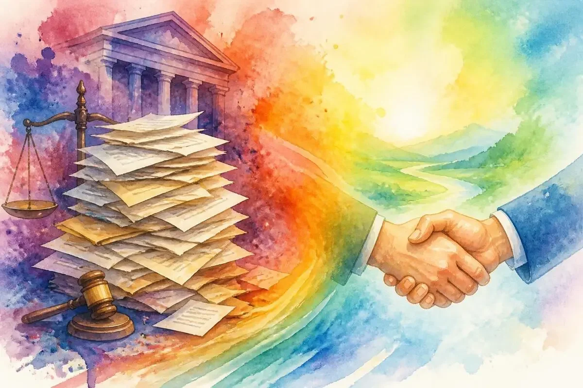 水彩タッチで描かれた、法廷の書類の山と握手を交わす2つの手を対比させたイラスト