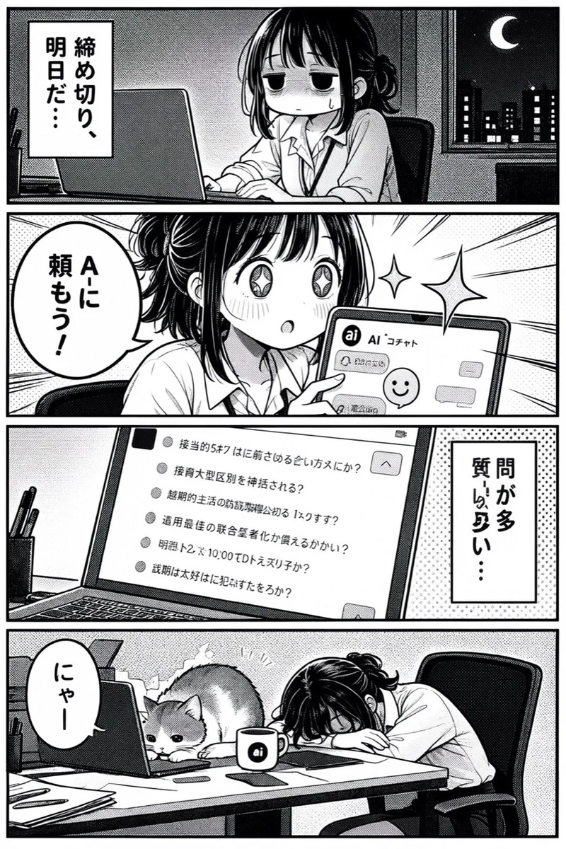 モノクロのトーン調の4コマ漫画。夜にノートパソコンへ向かう女性の縦書きの吹き出しに「締め切り、明日だ…」、最後のコマでは机で眠る女性の横で猫がキーボードを叩き「にゃー」。2コマ目と3コマ目の台詞は文字が崩れている