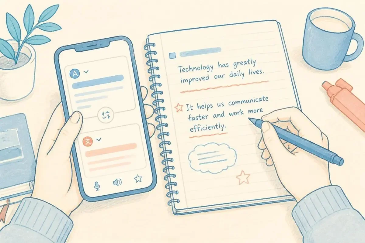 ノートとスマホが並んだ机の上で、翻訳アプリの画面と英語の書き込みを見比べている手元のイラスト