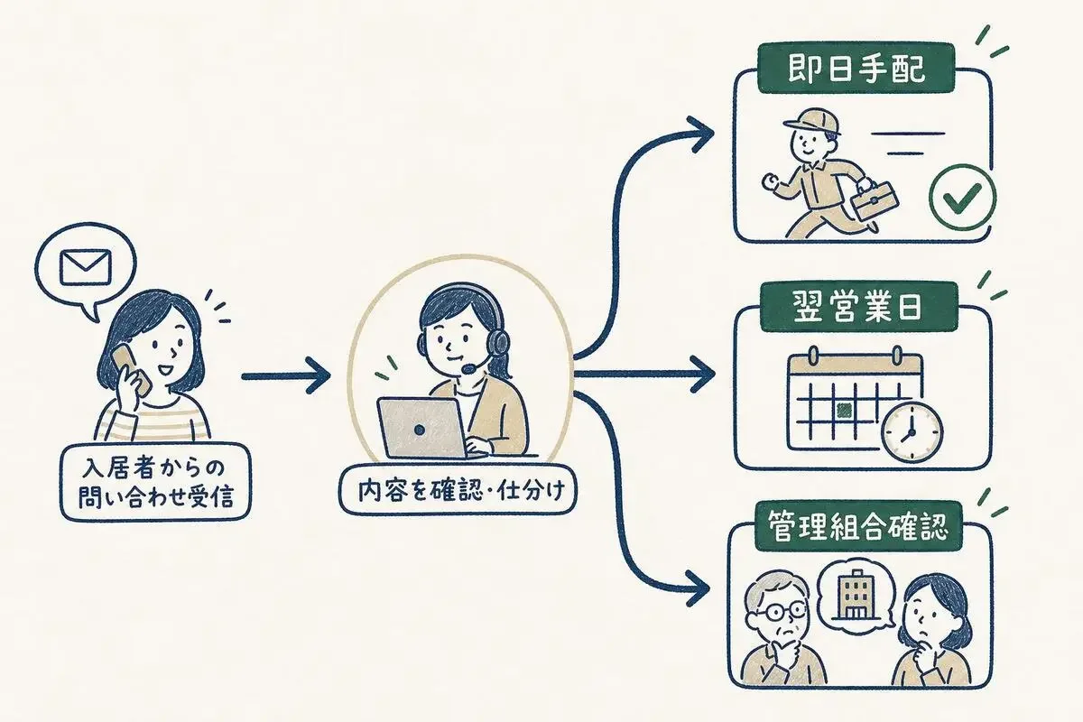 受信した問い合わせが即日手配、翌営業日、管理組合に確認の3段階に仕分けられていく様子のイラスト