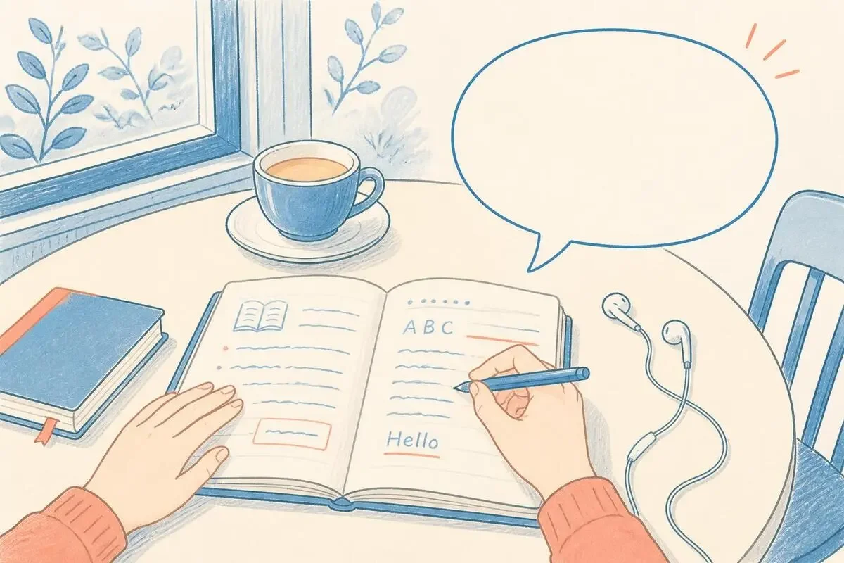 カフェの机に開いた英語のノートとイヤホン、横の吹き出しに会話文が書き込まれたイラスト
