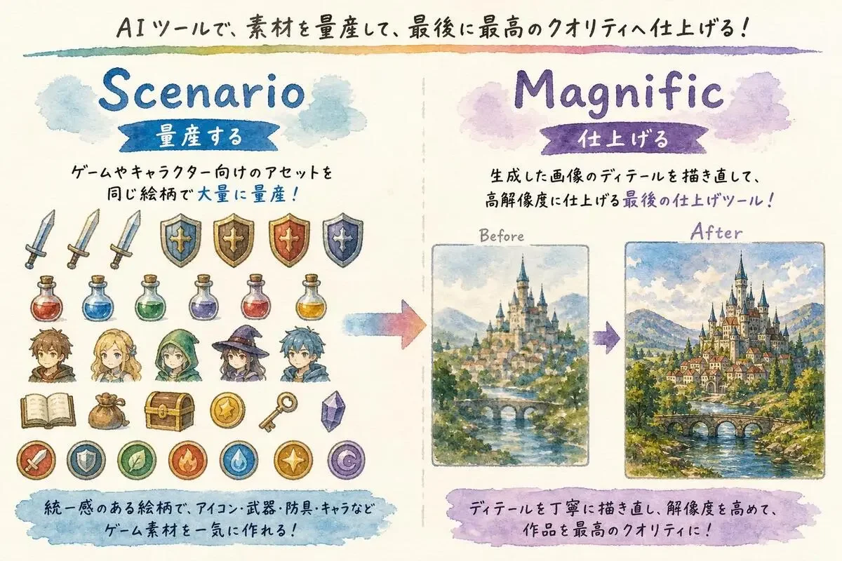 Scenarioで絵柄をそろえたゲーム素材とMagnificの拡大前後を並べた水彩イメージ