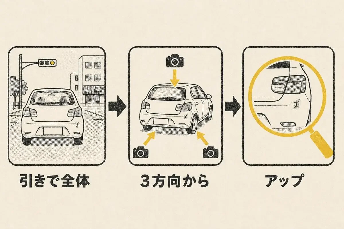 事故のあとに撮る写真の順番。信号や建物が入る引きの全体、損傷箇所を3方向から、損傷のアップ