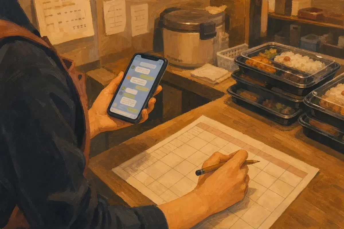 閉店後の弁当店の作業台で、LINEの希望が並ぶスマホを見ながら、空のシフト表に鉛筆を当てる手元