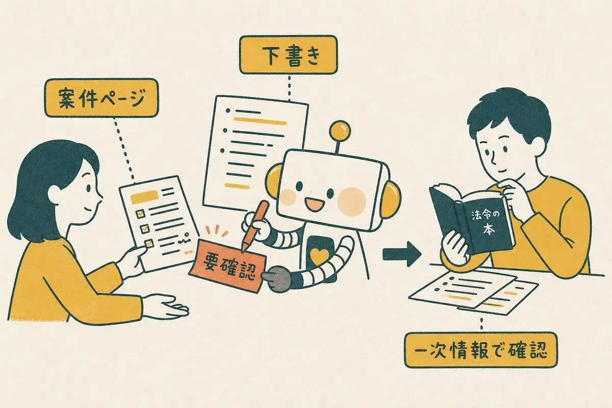 案件ページと下書きをAIに渡して要確認箇所に付箋を貼らせ、最後は人が一次情報で確かめる流れのイラスト