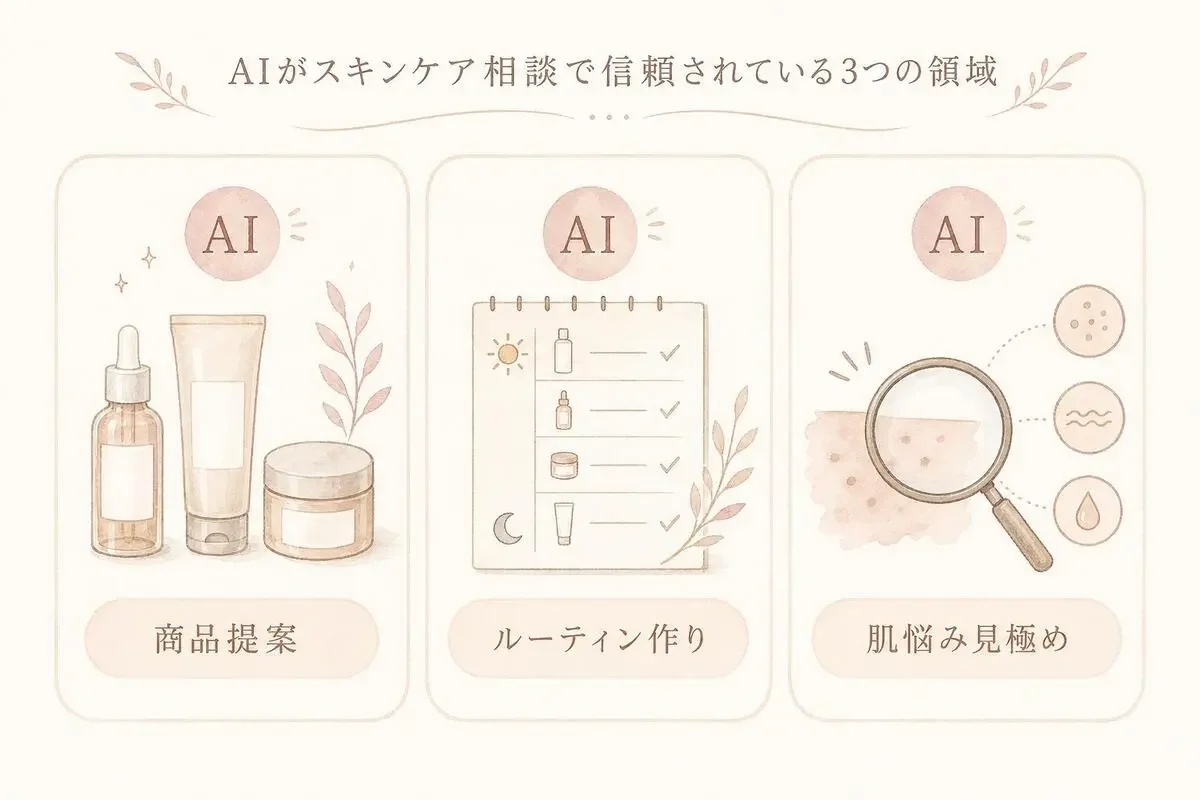 AIがスキンケア相談で信頼されている3つの領域(商品提案・ルーティン作り・肌悩み見極め)を示すカード