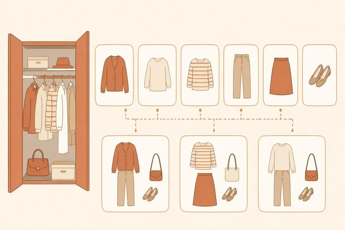 クローゼットの服をカード状に並べて組み合わせを作るイメージ