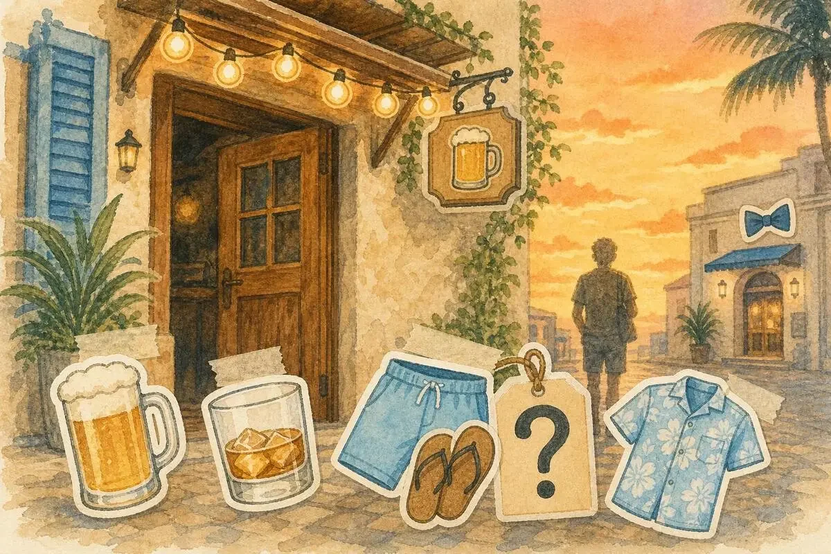 夕暮れのバーの入口に、ビールとウイスキー、短パンと襟付きシャツ、明記なしの札が並ぶ旅のコラージュ
