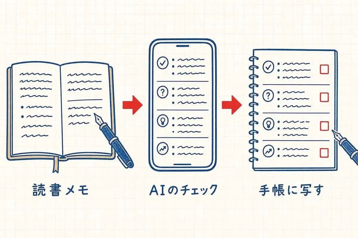 読書メモをAIに貼り、返ってきた短いチェック結果を手帳に書き写す流れ
