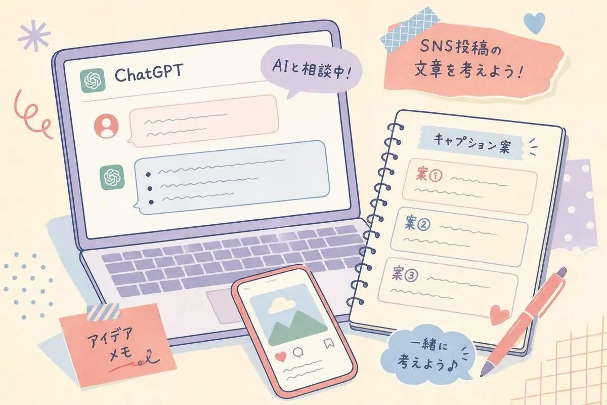 ChatGPTの画面と、日本語のキャプション案が並んだメモのイメージ