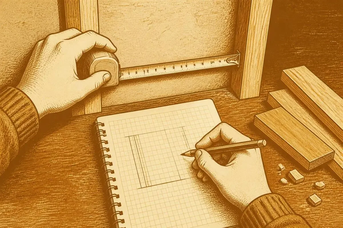 メジャーで壁の幅を測り、方眼ノートに寸法を書き込んでいる手元のイラスト
