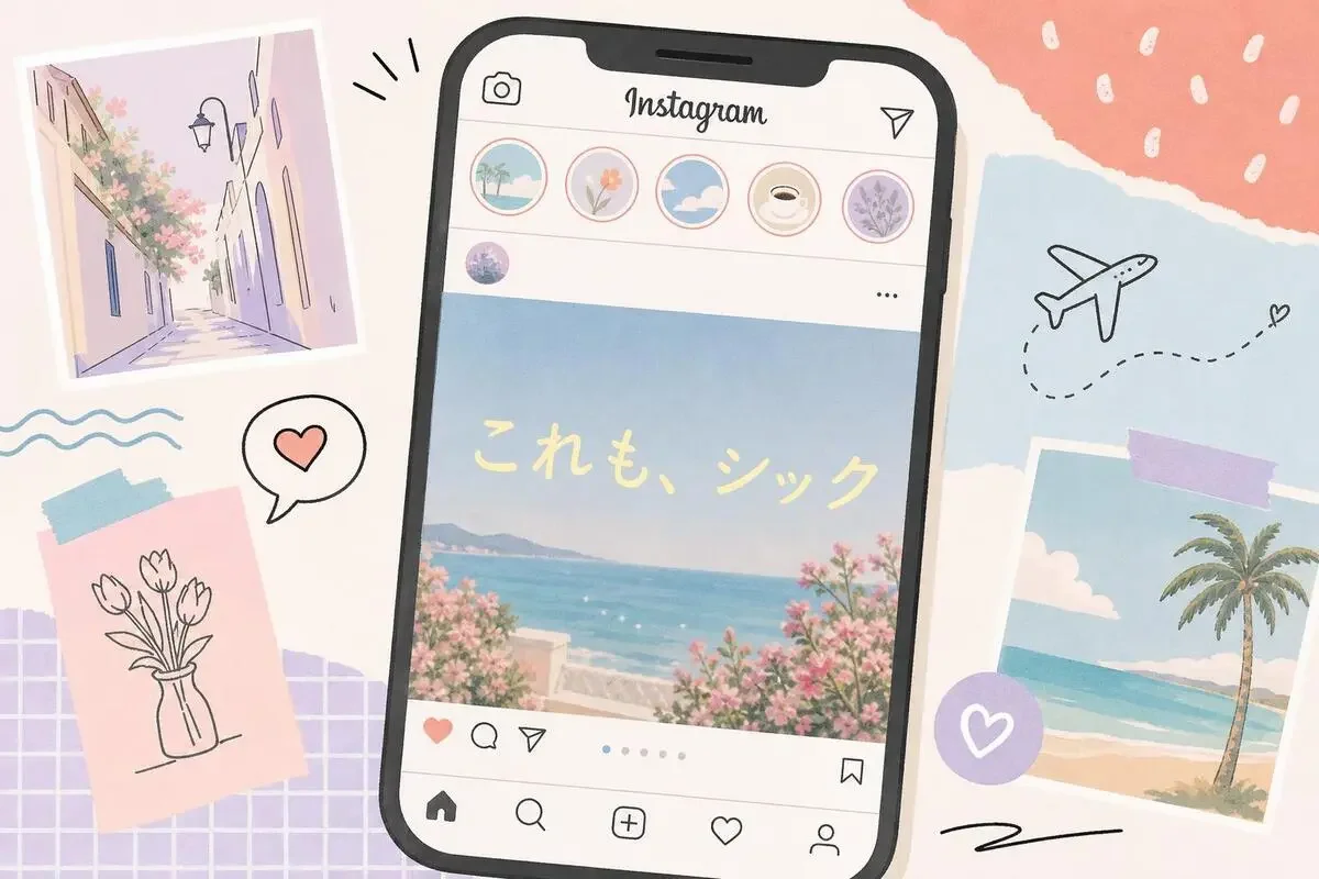スマートフォンに映るInstagramのフィードと、写真の上に重なった淡い黄色の一文