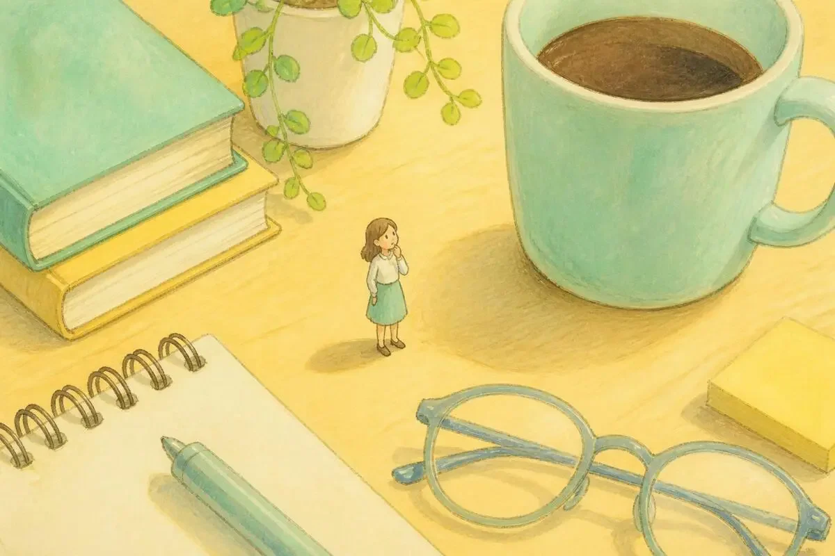 部屋の机の上に小さな3Dキャラクターになった人物が立ち、周りのマグカップや本が巨大に見えるミニチュア構図のイラスト