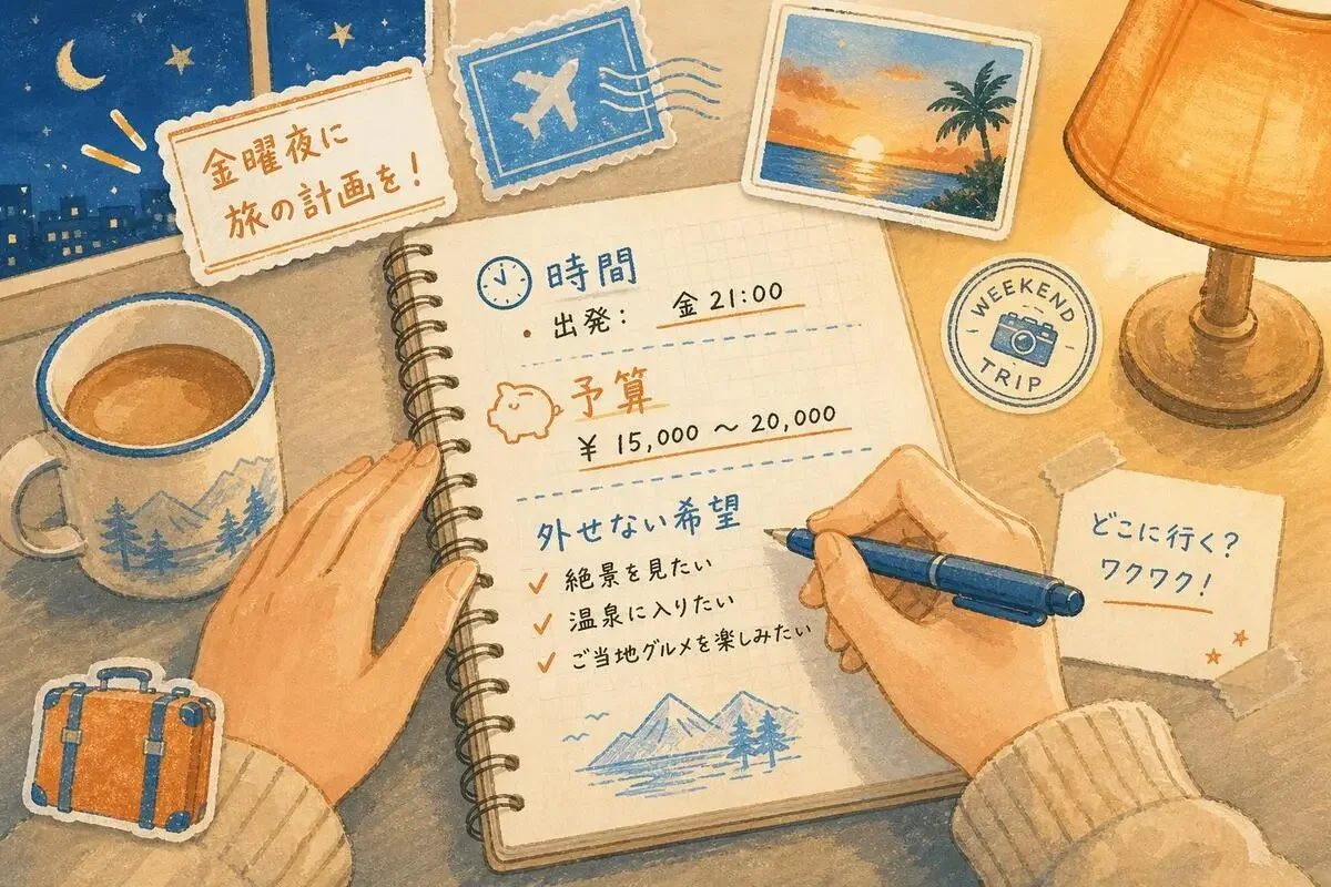 出発時刻と予算と外せないことを書き出した金曜夜のメモ