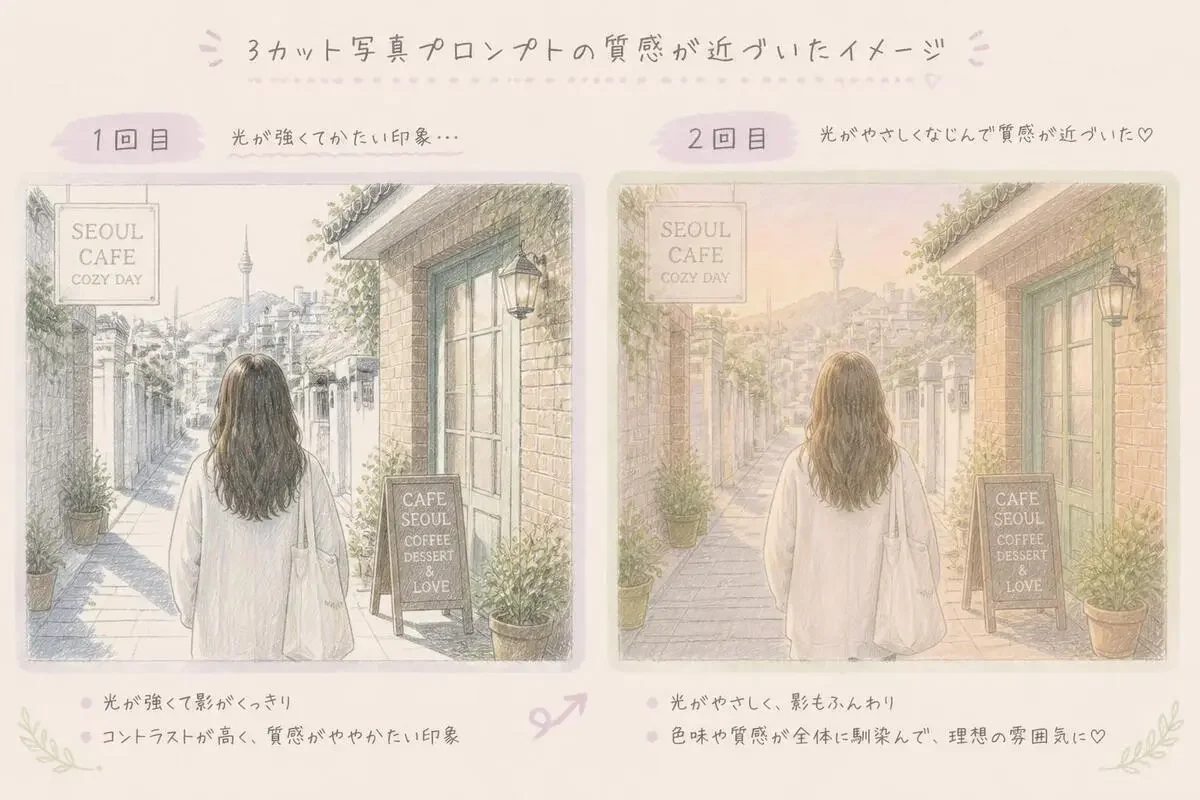 3カット写真のプロンプトを1回目と2回目で作り直したイメージ