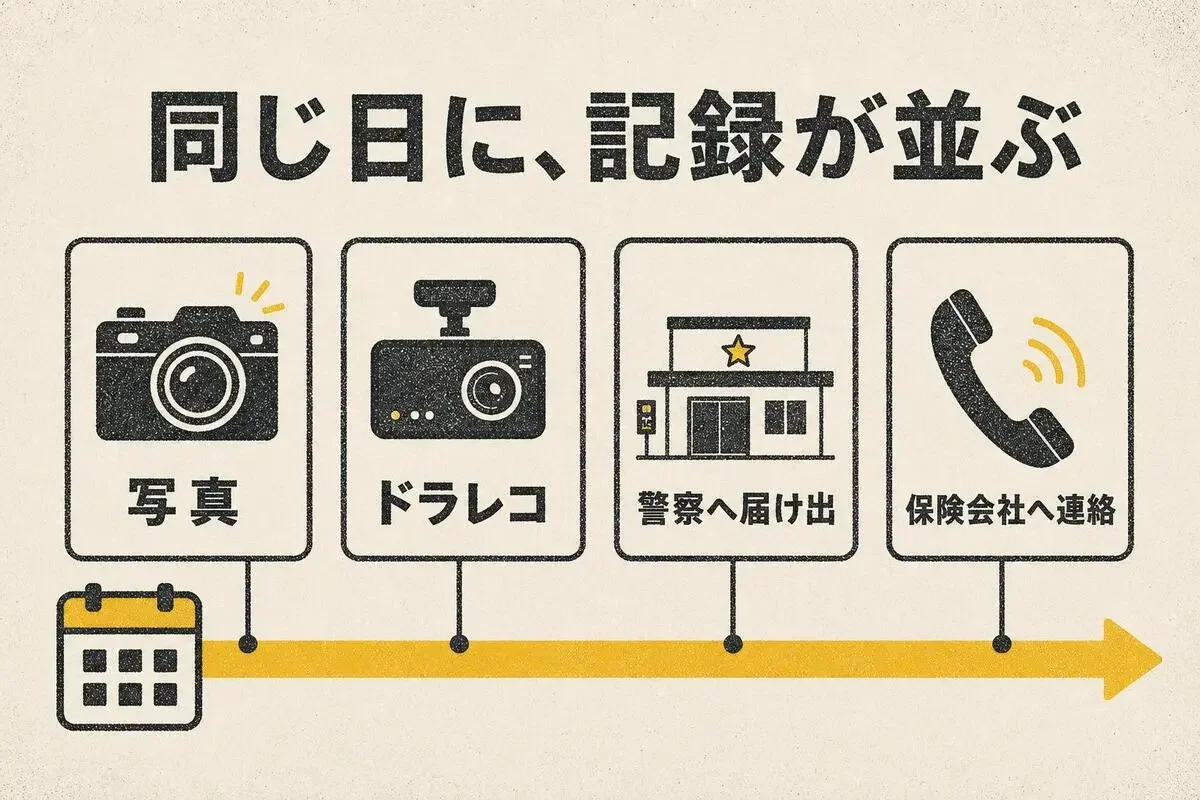 写真、ドラレコ、警察への届け出、保険会社への連絡が、同じ日の記録として1本のタイムラインに並ぶ図