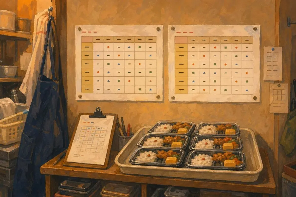 弁当店のバックヤードの壁に、同じ見出しと列のシフト表の下書きが2か月分並べて貼ってある