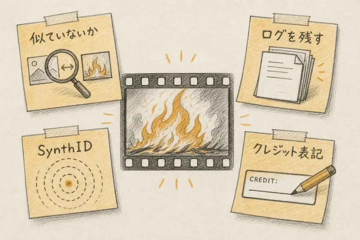 生成AIで作った映像素材を使う前の確認点として、既存作品との類似、プロンプトのログ保存、SynthIDの電子透かし、クレジット表記の4つを付箋で示した図