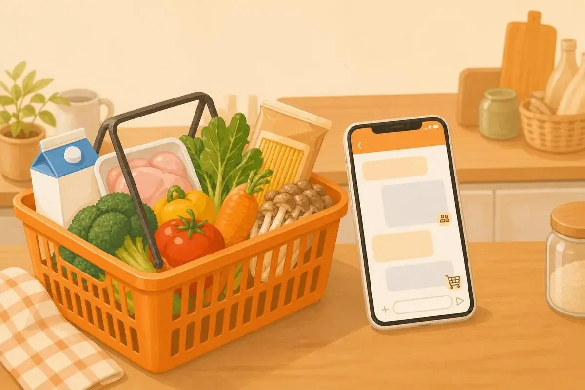 スーパーの買い物カゴとスマホのチャット画面が並ぶキッチンのイメージ