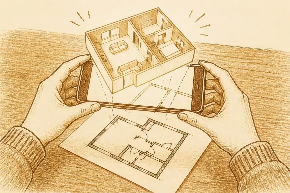 間取り図の紙をスマホで撮ると、部屋が立体になって浮かび上がる様子を描いた手描きの図解
