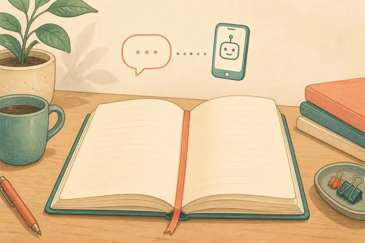 開いた手帳の余白に吹き出しとスマホが小さく添えられた、紙とAIの対話のイメージ