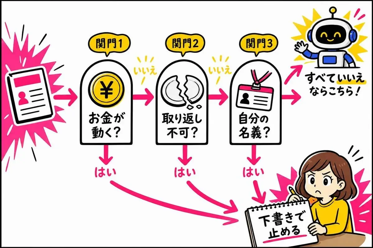 仕事のカードが3つの関門を通り、AIに任せるか人の手元に戻すかに分かれる流れの図解
