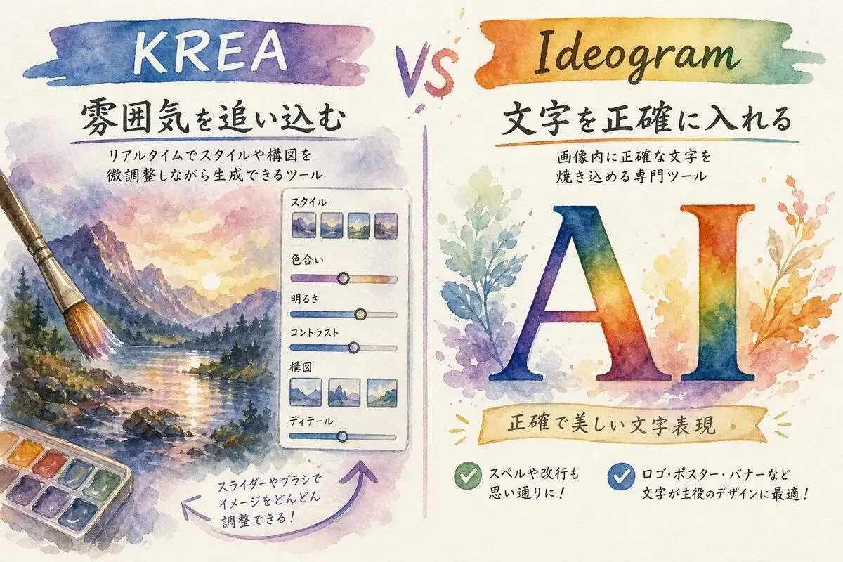 KREAのリアルタイム生成とIdeogramの文字入れを対比した水彩のイメージ図