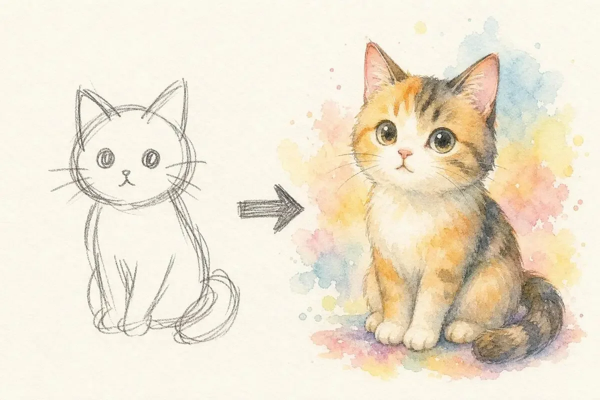 手描きのラフスケッチとChatGPT Sketchで仕上げた画像のビフォーアフター比較