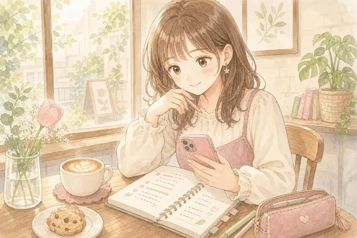 スマホとノートで投稿ネタを整理している机の上