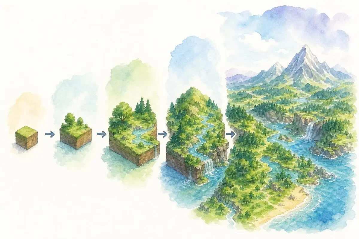 水彩で描いた 単体の3Dオブジェクトから丘と森の広がる世界へ段階的に育っていくイラスト