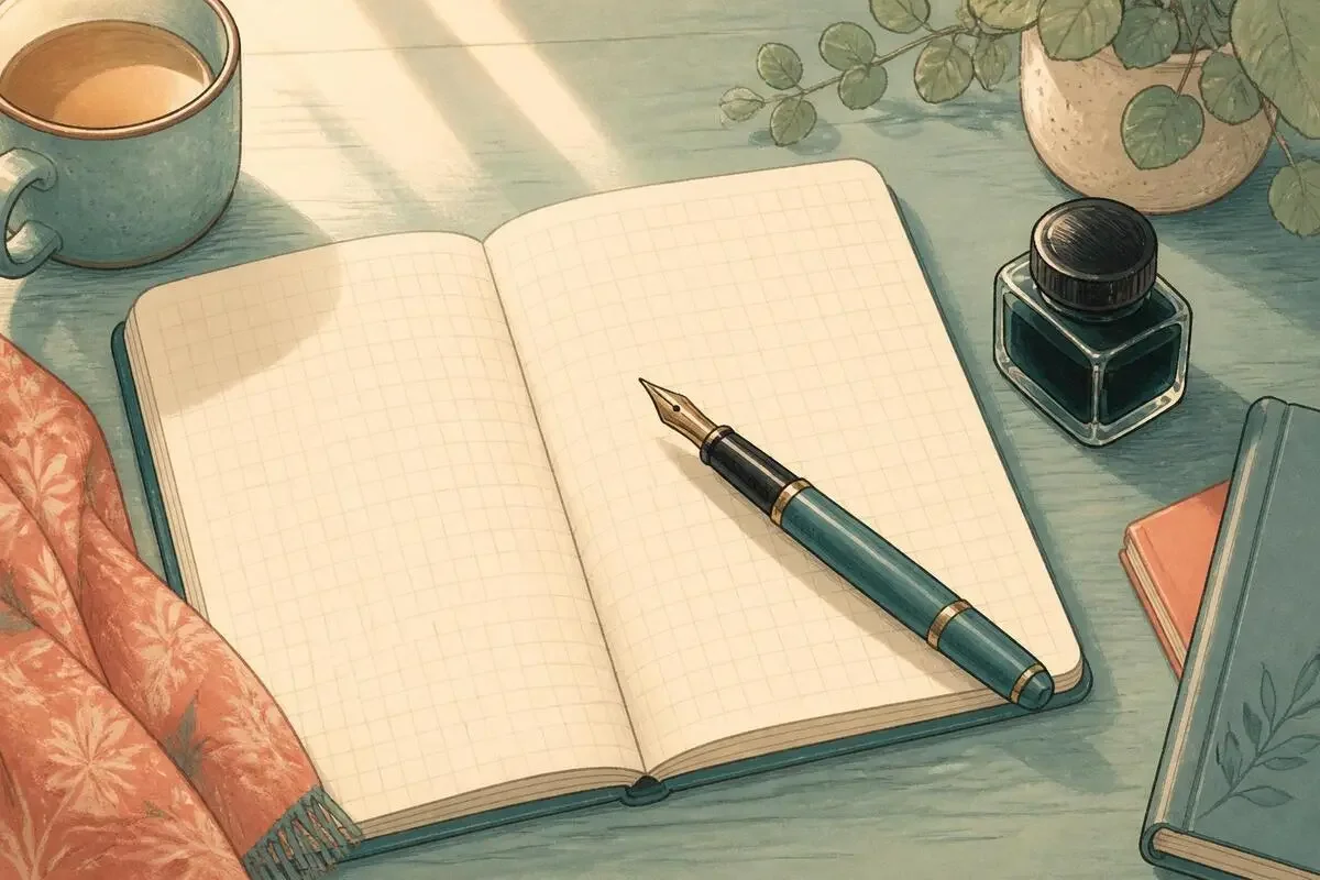 方眼ノートと万年筆、インク瓶が並んだ静かな書きもの時間のデスク