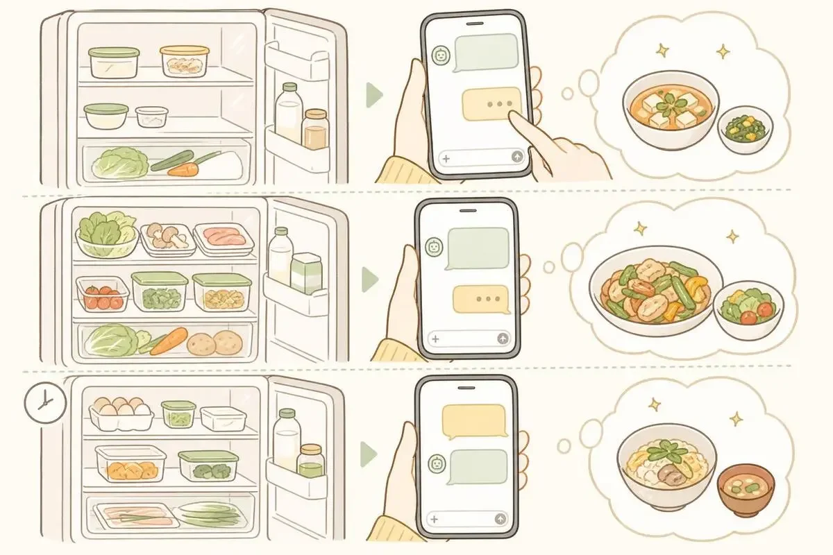 冷蔵庫の状態ごとにAIへの聞き方を使い分けるイメージ