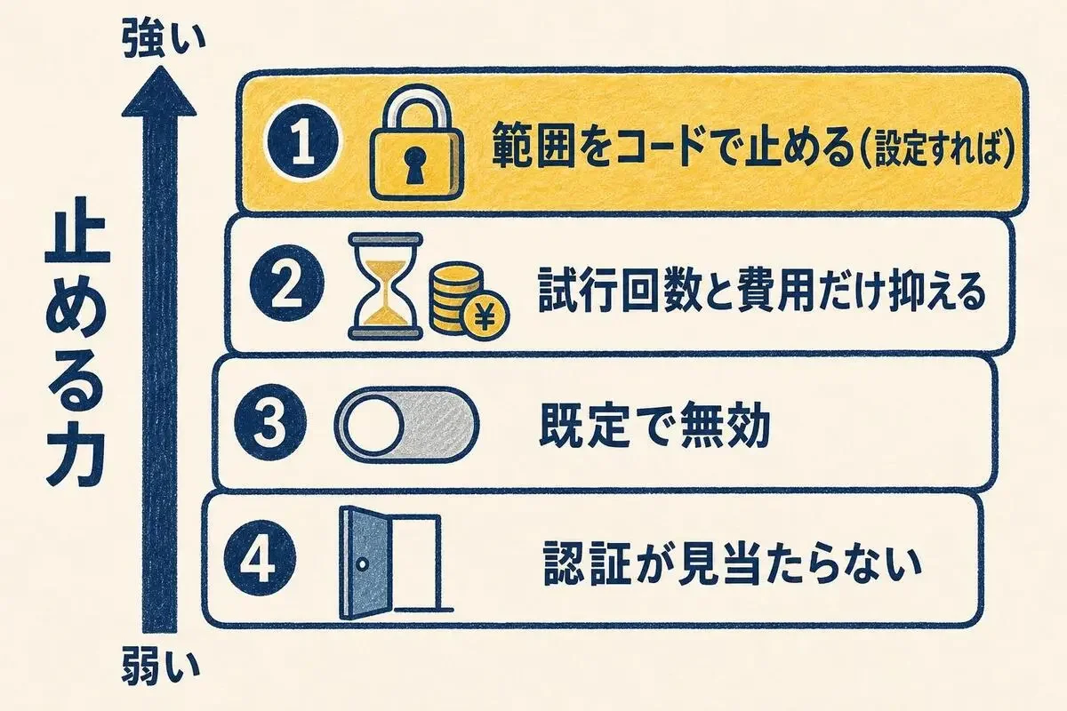 AIを止める仕組みを、止める力の強い順に、範囲をコードで止める、試行回数と費用だけ抑える、既定で無効、認証が見当たらない、の4つに並べた図