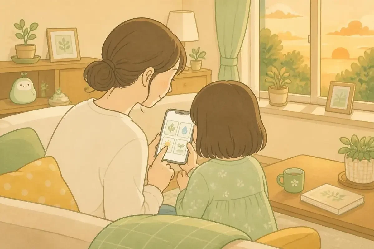 子どもの後ろ姿と一緒にスマホの画面をのぞく夕方のリビング