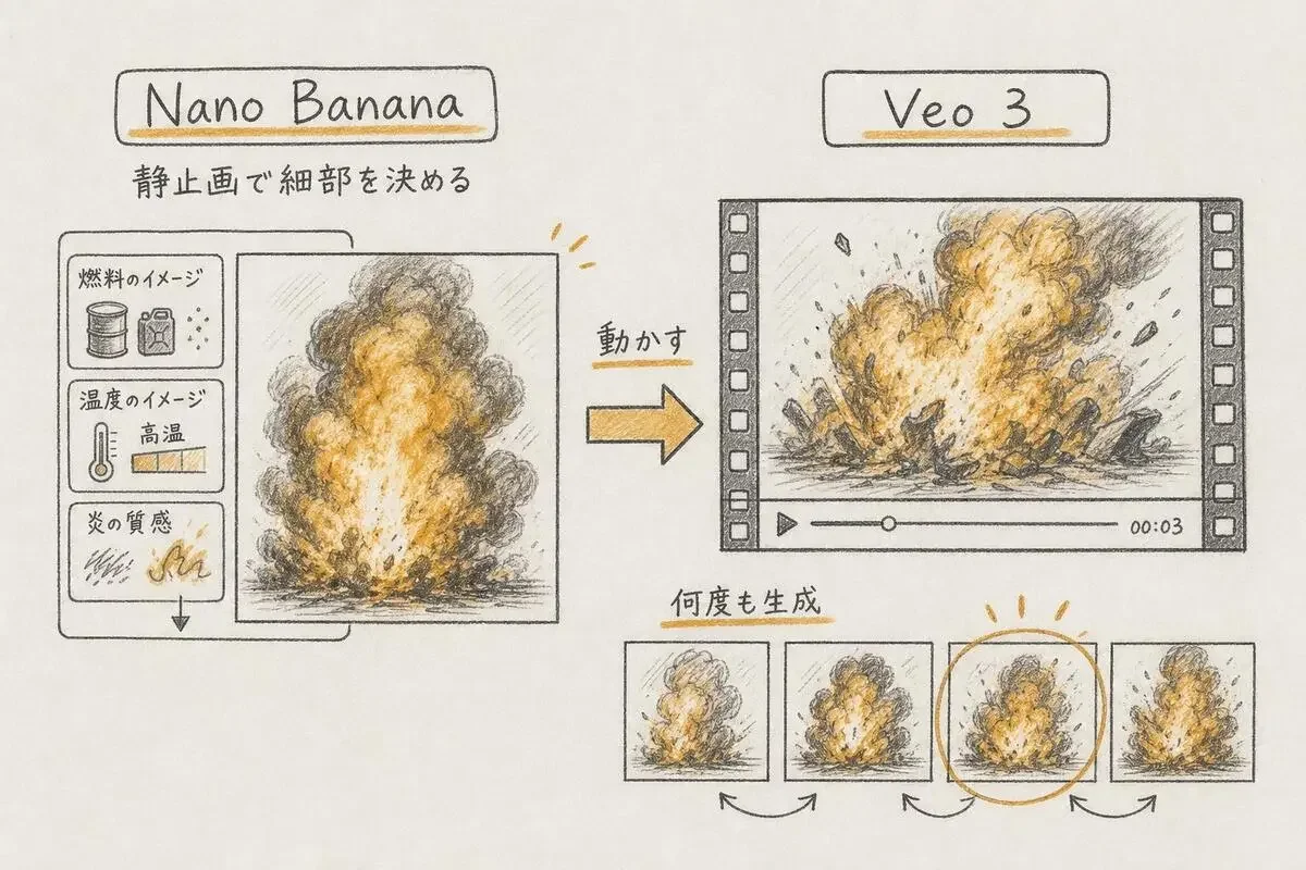 静止画生成AIのNano Bananaで炎の細部を決めた静止画を作り、動画生成AIのVeo 3で動かして爆発動画にする2段構えの手順と、何度も生成をやり直す様子を描いた図
