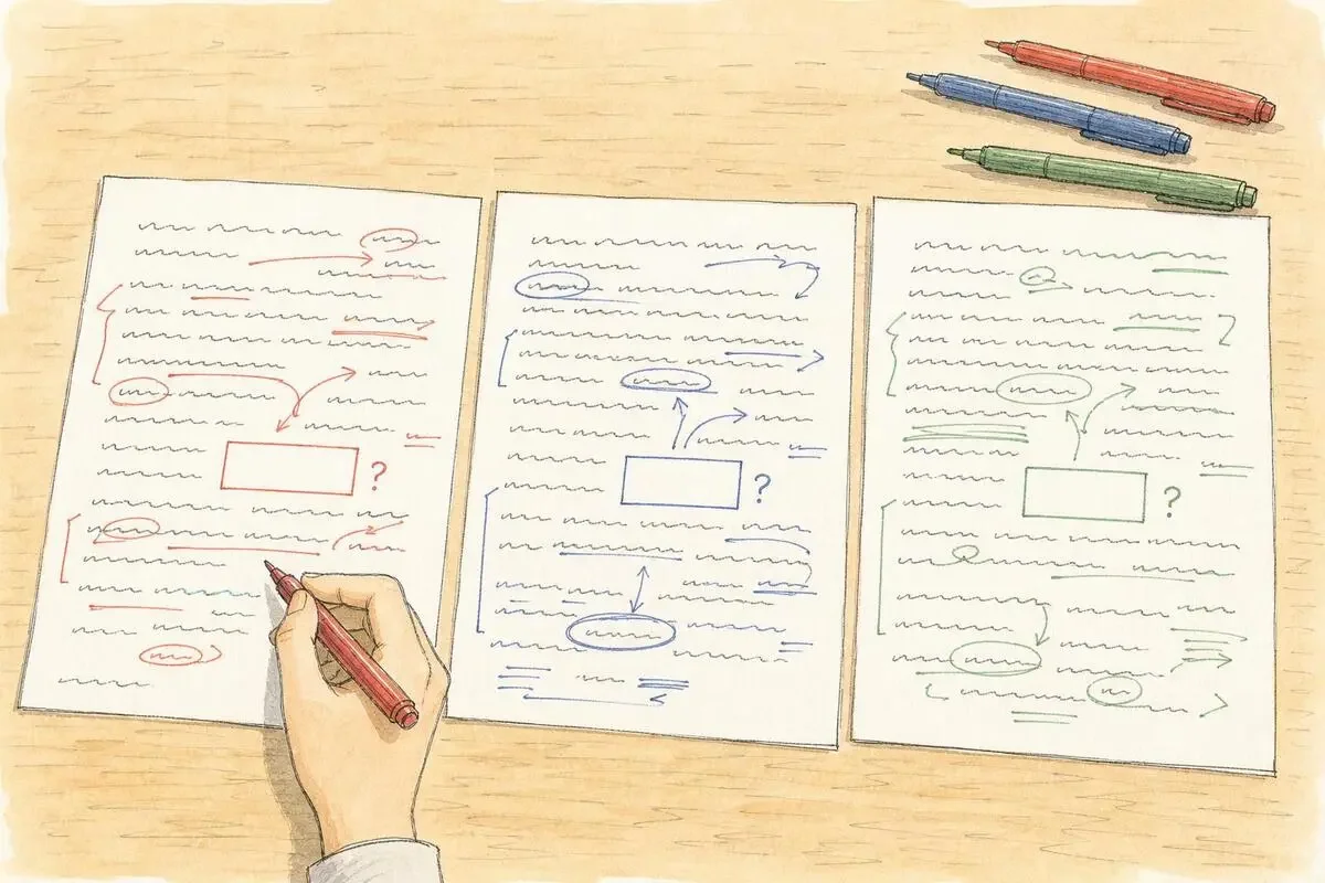 同じ下書きを3色のペンで添削した紙が3枚並び、どの紙にも数字の抜けを示す空欄が残っているイラスト