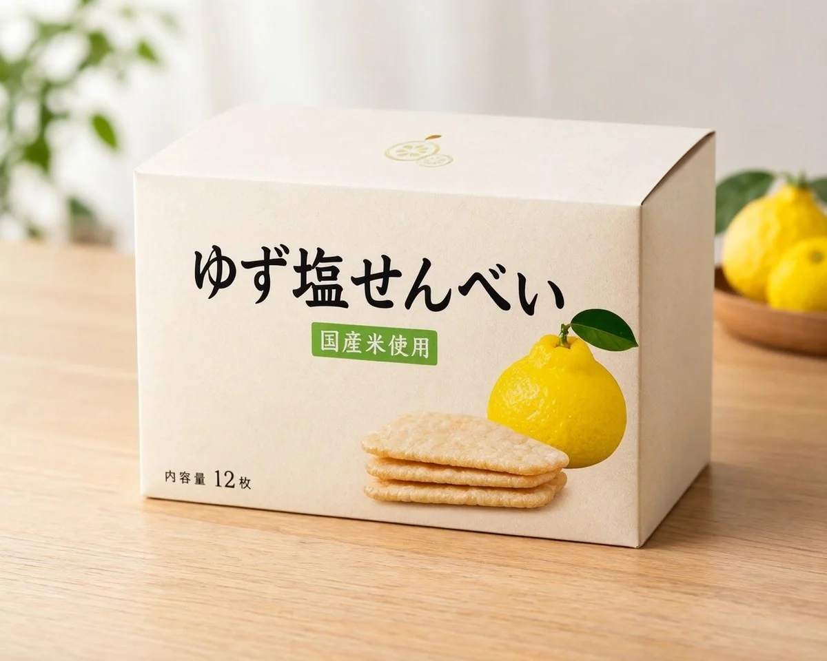 木のテーブルに置いたオフホワイトの紙箱のせんべいの商品写真。箱の正面に大きな黒文字で「ゆず塩せんべい」、その下の緑のラベルに「国産米使用」、左下に小さく「内容量 12枚」。箱の手前に本物のゆずが置かれている