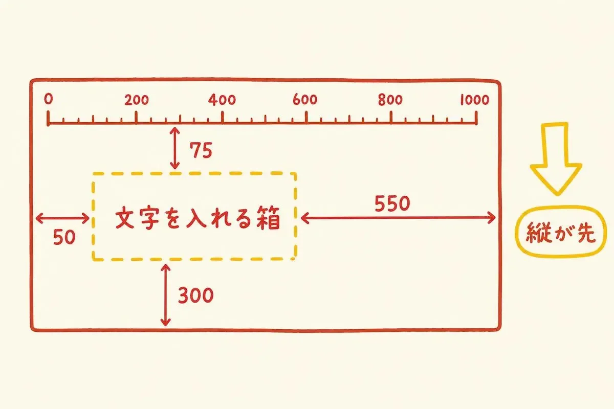 画像の縦と横を0から1000で区切り、文字用の箱を上・左・下・右の順の数字で置く仕組みを示した図解