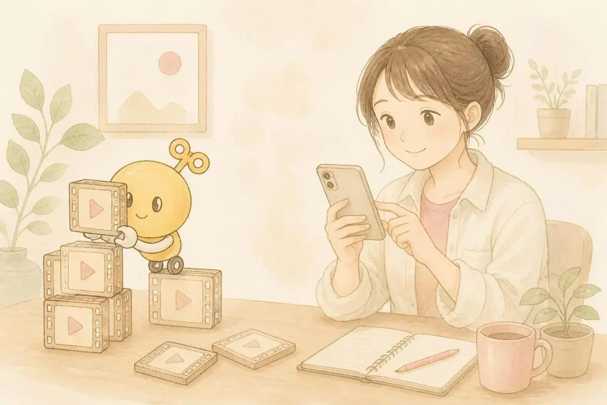 机の上で、ロボットのアシスタントが大まかな動画を組み立て、女性がスマホで細かく仕上げている分担のイラスト