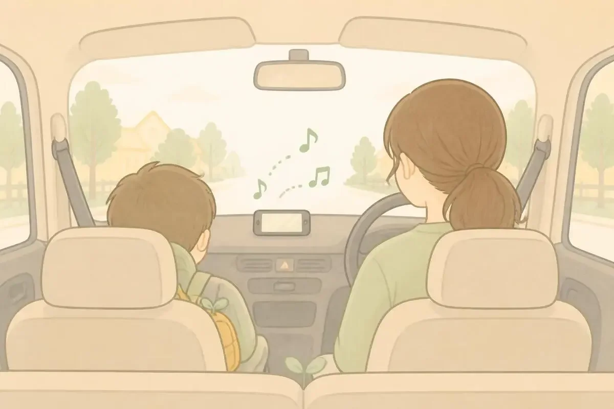 送迎の車内でスマホから流れる音声を聞く親子の後ろ姿